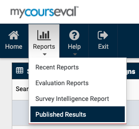 Top left menu in CoursEval that shows "Published Results" under the "Reports" menu